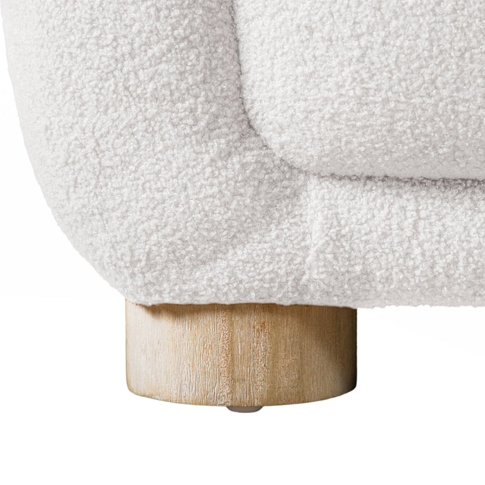 Front facing close up view of the leg on a contemporary brown chenille sloping tuxedo sofa on a white background