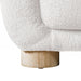 Front facing close up view of the leg on a contemporary brown chenille sloping tuxedo sofa on a white background