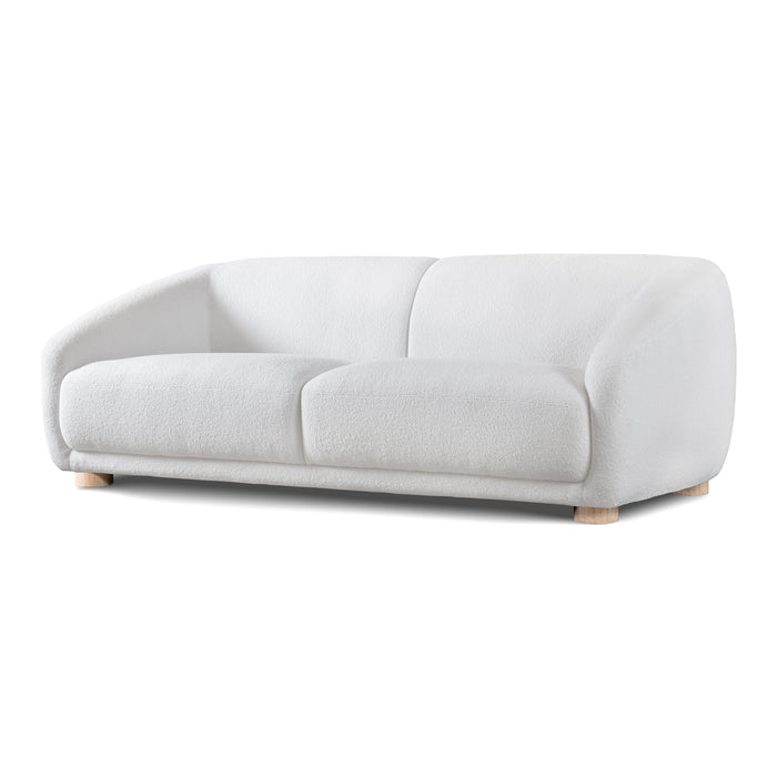 Left facing contemporary white chenille sloping tuxedo sofa on a white background