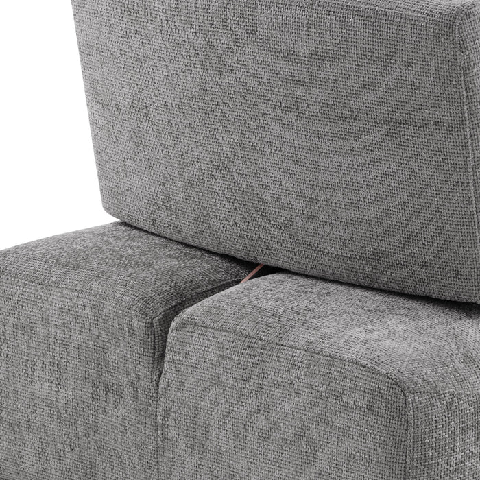 Right facing close up of the back of a contemporary grey chenille trapezoidal armless chair with an adjustable back on a white background