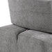 Right facing close up of the back of a contemporary grey chenille trapezoidal armless chair with an adjustable back on a white background