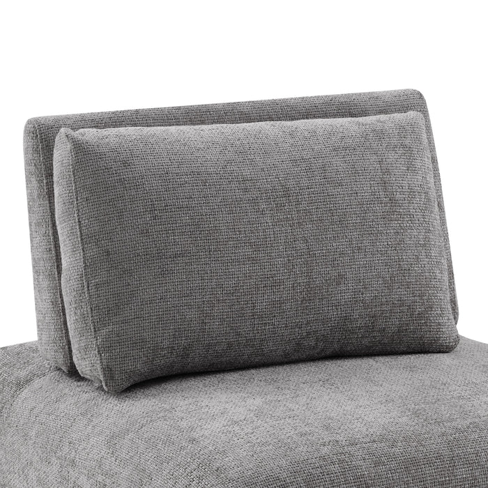 Right facing close up of the back of a contemporary grey chenille trapezoidal armless chair with an adjustable back on a white background