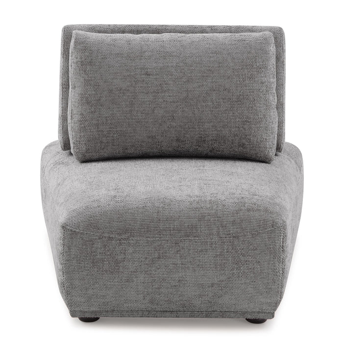 Front facing contemporary grey chenille trapezoidal armless chair with an adjustable back on a white background