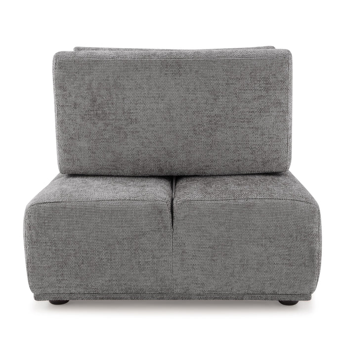 Front facing back view of a contemporary grey chenille trapezoidal armless chair with an adjustable back on a white background