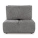 Front facing back view of a contemporary grey chenille trapezoidal armless chair with an adjustable back on a white background
