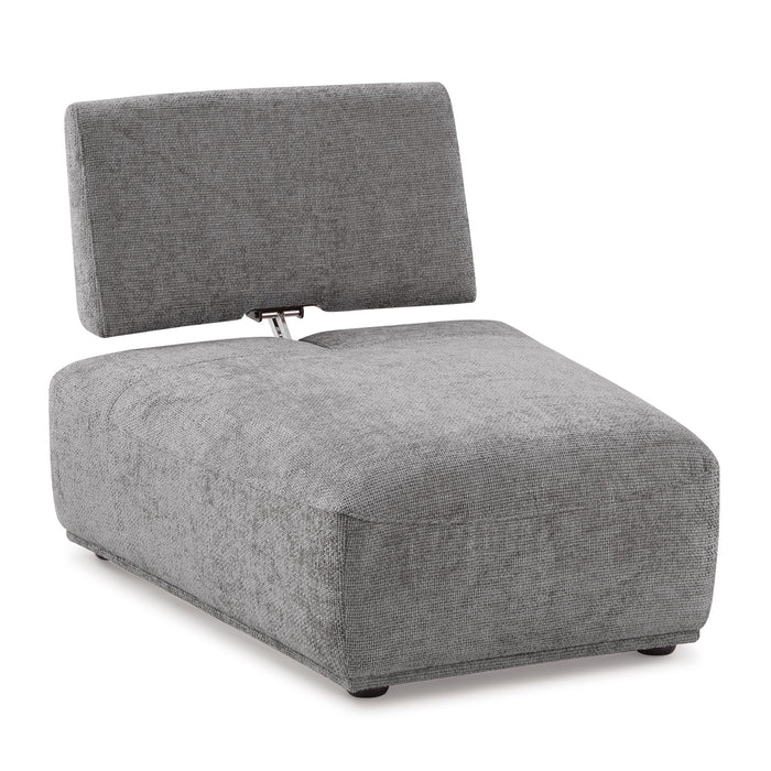 Right facing contemporary grey chenille trapezoidal armless chair with an adjustable back on a white background
