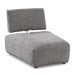 Right facing contemporary grey chenille trapezoidal armless chair with an adjustable back on a white background
