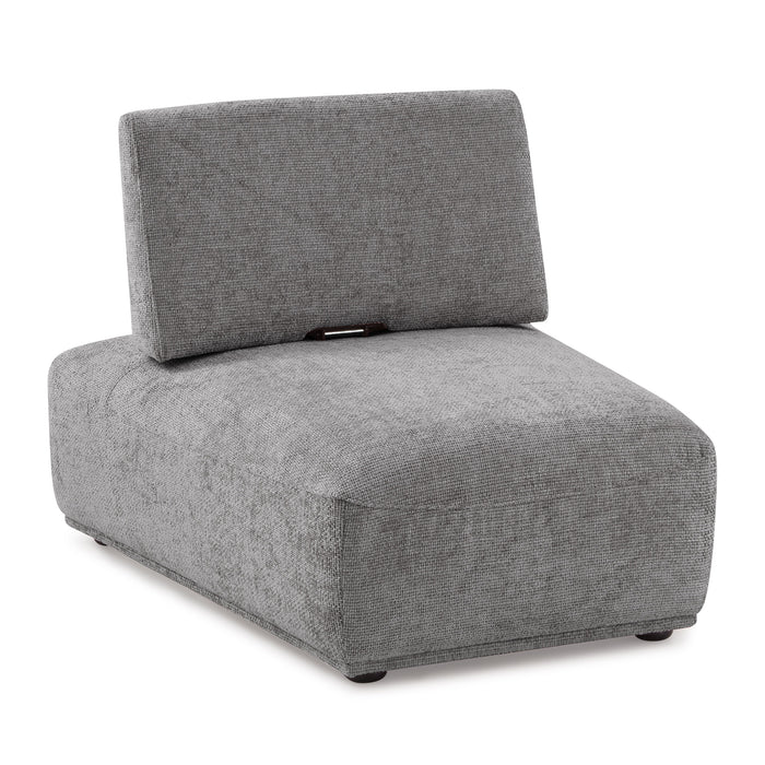 Right facing contemporary grey chenille trapezoidal armless chair with an adjustable back on a white background