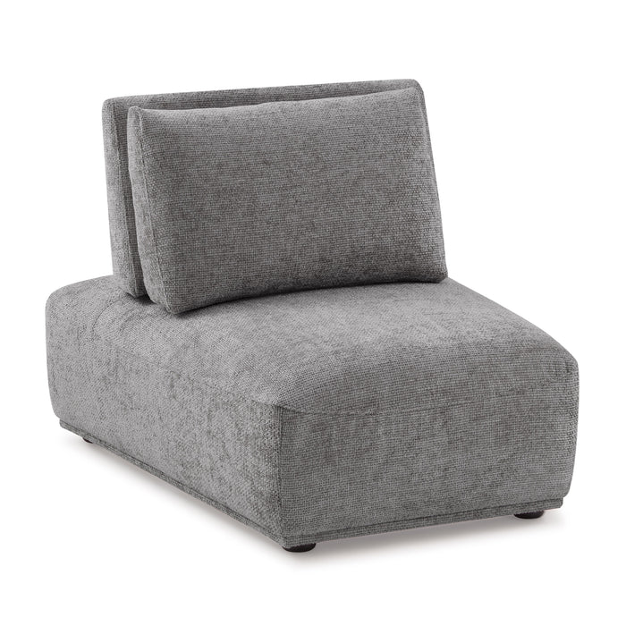 Right facing contemporary grey chenille trapezoidal armless chair with an adjustable back on a white background