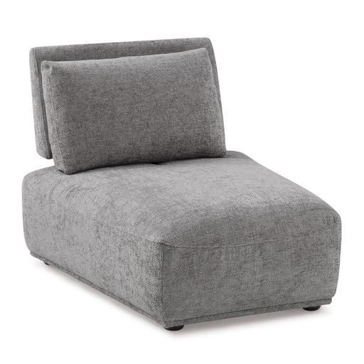 Right facing contemporary grey chenille trapezoidal armless chair with an adjustable back on a white background