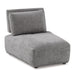 Right facing contemporary grey chenille trapezoidal armless chair with an adjustable back on a white background