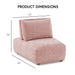 Informational image of the dimensions of a contemporary grey chenille trapezoidal armless chair with an adjustable back