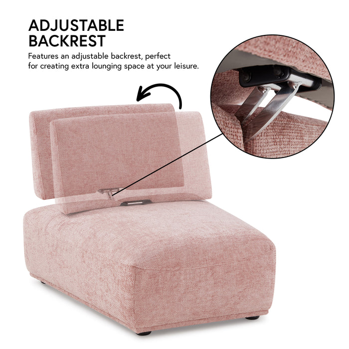 Informational image of the adjustable back of a contemporary grey chenille trapezoidal armless chair with an adjustable back