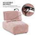 Informational image of the adjustable back of a contemporary grey chenille trapezoidal armless chair with an adjustable back