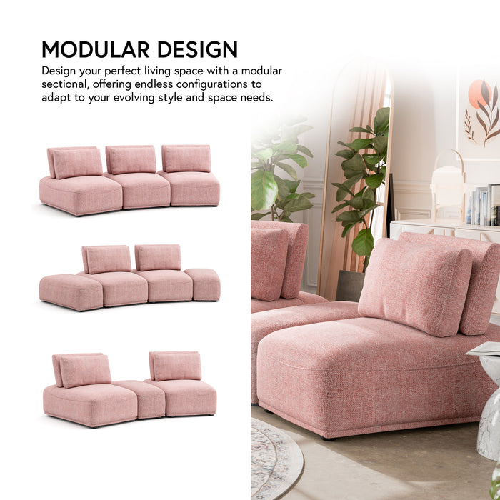Informational image of the modular design of a contemporary grey chenille trapezoidal armless chair with an adjustable back