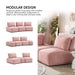 Informational image of the modular design of a contemporary grey chenille trapezoidal armless chair with an adjustable back