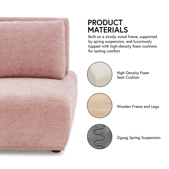 Informational image of the materials of a contemporary grey chenille trapezoidal armless chair with an adjustable back