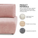 Informational image of the materials of a contemporary grey chenille trapezoidal armless chair with an adjustable back