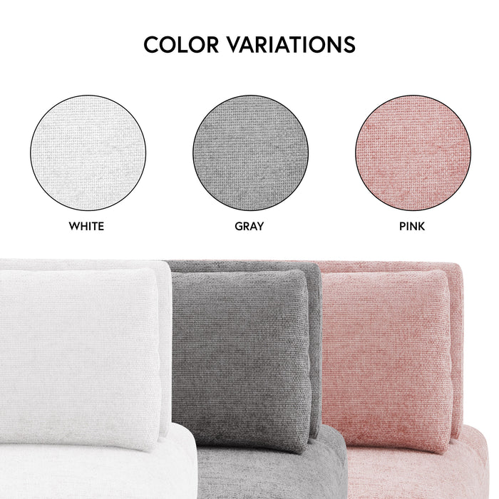 Informational image of the color options of a contemporary grey chenille trapezoidal armless chair with an adjustable back