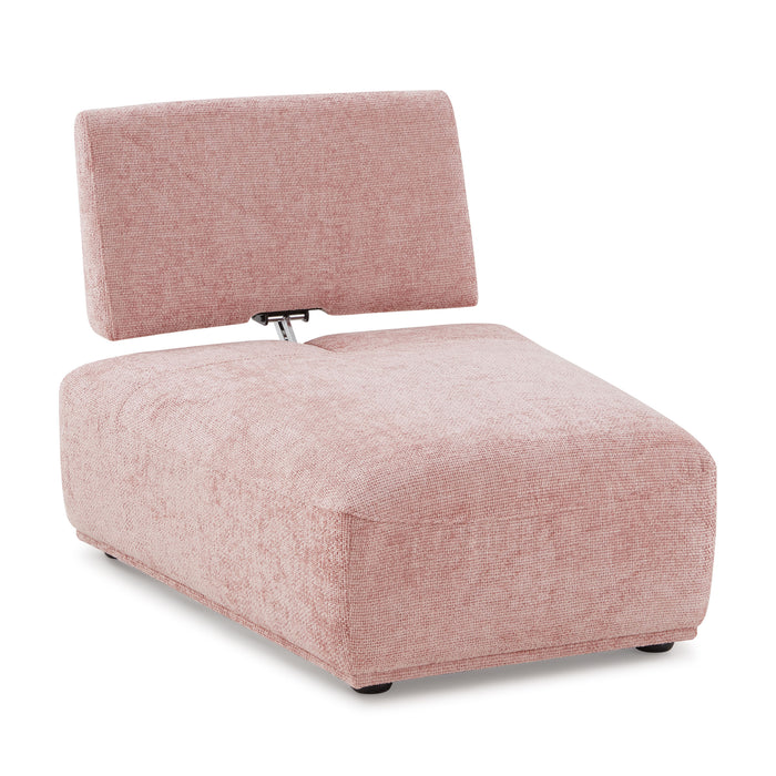 Right facing contemporary pink chenille trapezoidal armless chair with an adjustable back on a white background