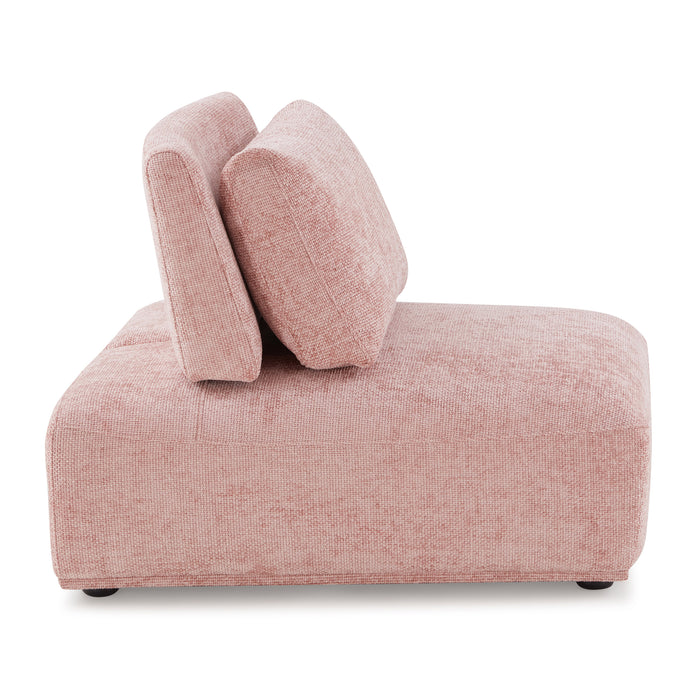 Front facing side view of a contemporary pink chenille trapezoidal armless chair with an adjustable back on a white background