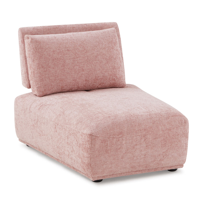 Right facing contemporary pink chenille trapezoidal armless chair with an adjustable back on a white background