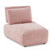 Right facing contemporary pink chenille trapezoidal armless chair with an adjustable back on a white background