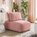Right facing contemporary pink chenille trapezoidal armless chair with an adjustable back in a room with accessories