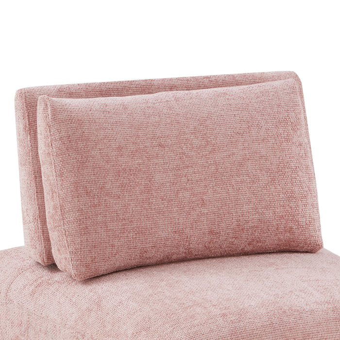 Right facing close up of the back of a contemporary pink chenille trapezoidal armless chair with an adjustable back on a white background