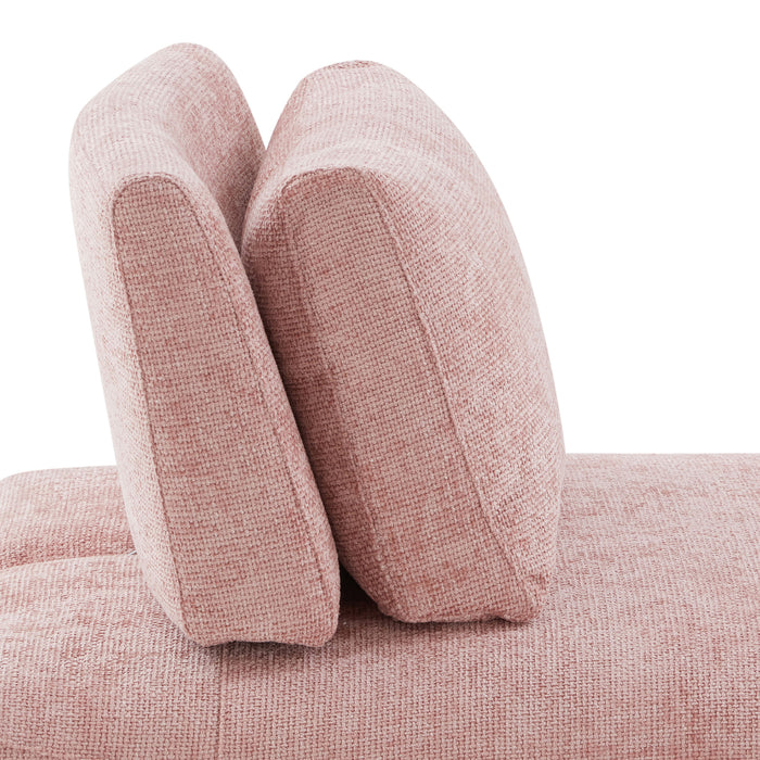 Front facing close up side view of the backrest of a contemporary pink chenille trapezoidal armless chair with an adjustable back on a white background