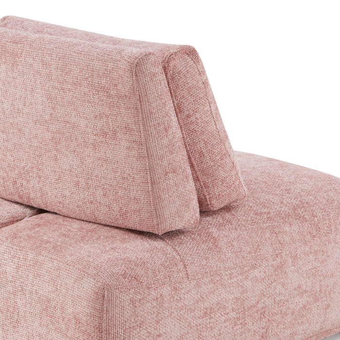 Right back facing close up of the back of a contemporary pink chenille trapezoidal armless chair with an adjustable back on a white background