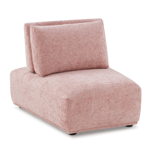 Right facing contemporary pink chenille trapezoidal armless chair with an adjustable back on a white background
