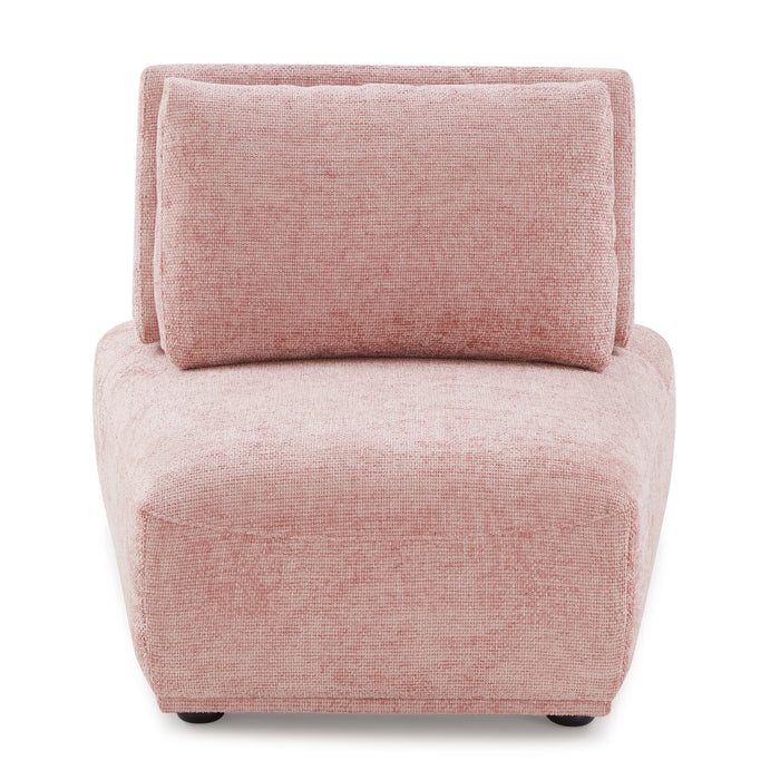 Front facing contemporary pink chenille trapezoidal armless chair with an adjustable back on a white background
