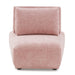 Front facing contemporary pink chenille trapezoidal armless chair with an adjustable back on a white background