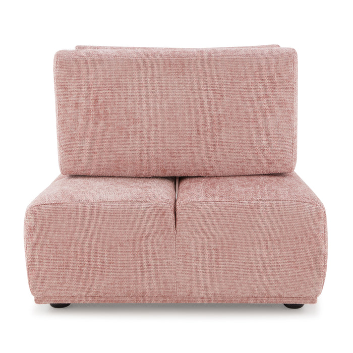 Front facing back view of a contemporary pink chenille trapezoidal armless chair with an adjustable back on a white background