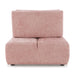 Front facing back view of a contemporary pink chenille trapezoidal armless chair with an adjustable back on a white background