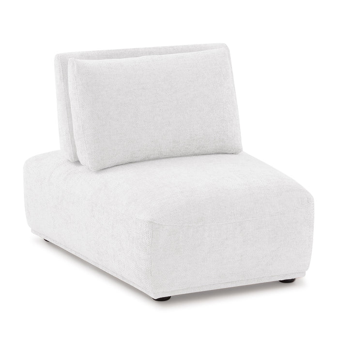 Right facing contemporary white chenille trapezoidal armless chair with an adjustable back on a white background