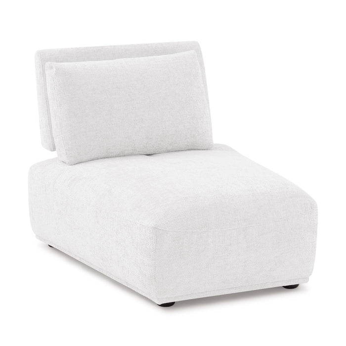 Right facing contemporary white chenille trapezoidal armless chair with an adjustable back on a white background