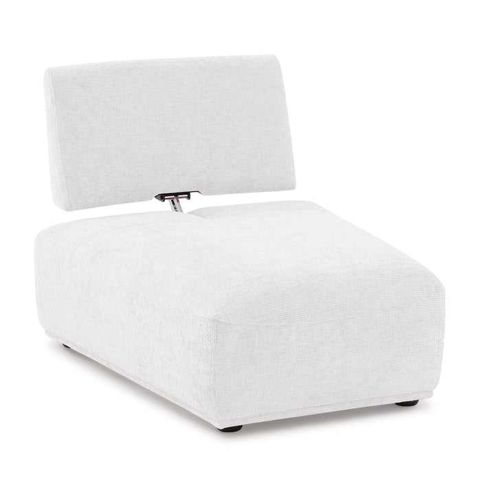 Right facing contemporary white chenille trapezoidal armless chair with an adjustable back on a white background