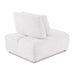 Right back facing contemporary white chenille trapezoidal armless chair with an adjustable back on a white background