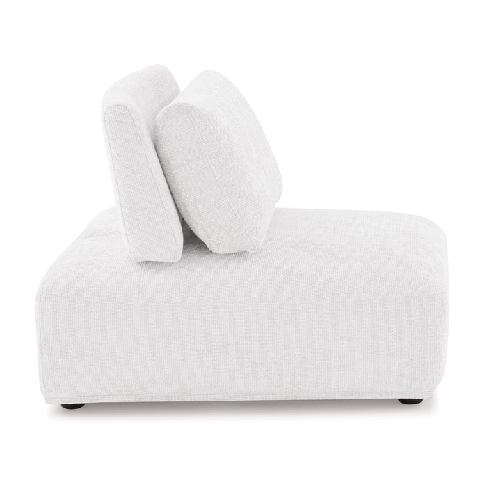 Front facing side view of a contemporary white chenille trapezoidal armless chair with an adjustable back on a white background