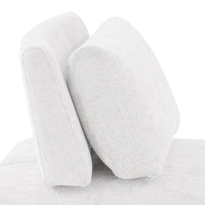 Front facing close up side view of the backrest of a contemporary white chenille trapezoidal armless chair with an adjustable back on a white background
