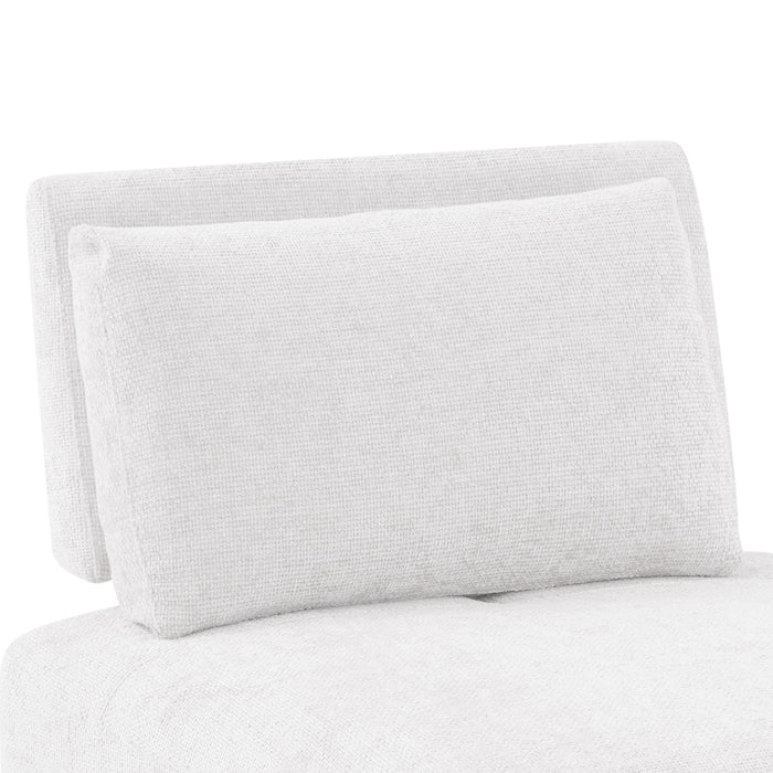 Right facing close up of the back of a contemporary white chenille trapezoidal armless chair with an adjustable back on a white background