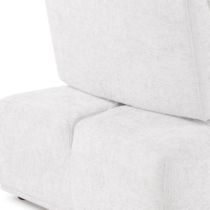 Right back facing close up of the back of a contemporary white chenille trapezoidal armless chair with an adjustable back on a white background
