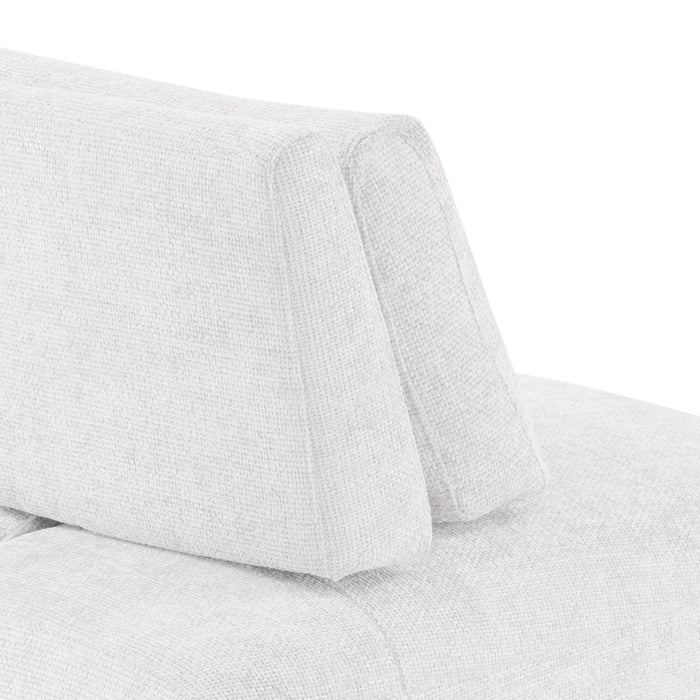 Right back facing close up of the back of a contemporary white chenille trapezoidal armless chair with an adjustable back on a white background