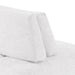 Right back facing close up of the back of a contemporary white chenille trapezoidal armless chair with an adjustable back on a white background