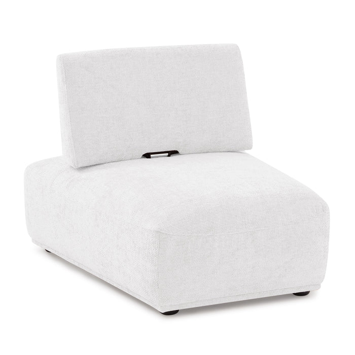 Right facing contemporary white chenille trapezoidal armless chair with an adjustable back on a white background