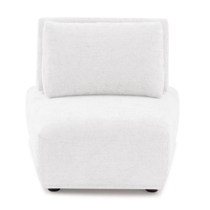 Front facing contemporary white chenille trapezoidal armless chair with an adjustable back on a white background