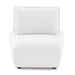 Front facing contemporary white chenille trapezoidal armless chair with an adjustable back on a white background