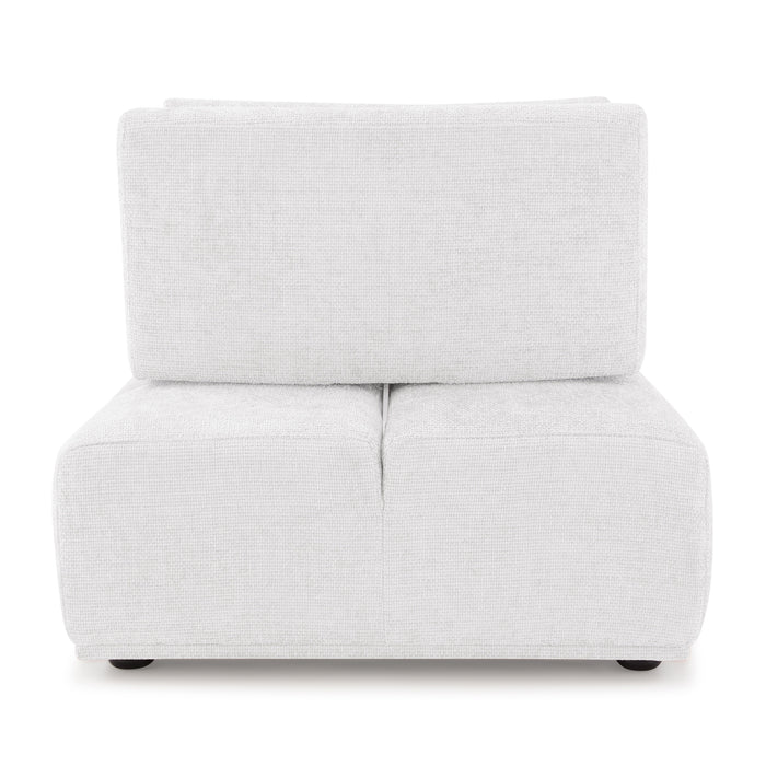 Front facing back view of a contemporary white chenille trapezoidal armless chair with an adjustable back on a white background